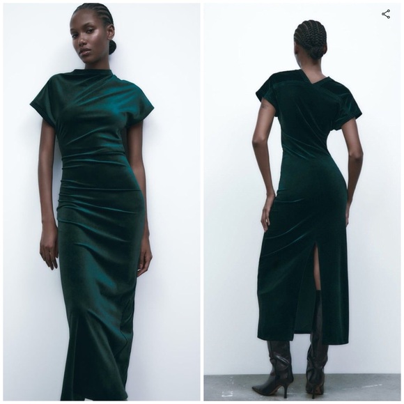 ZARA ~ Green Draped Velvet Dress - Picture 1 of 12